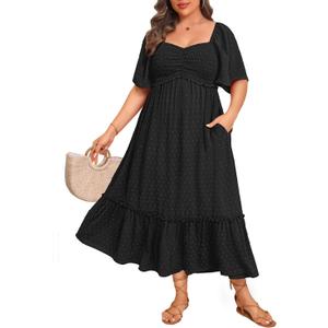 Plus Size Summer Dresses - Maxi Casual Wedding Guest Graduation Easter Long Dress with Pockets (Black)