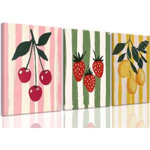 LHHJDIO 3 Piece Trendy Fruit Canvas Wall Art Vintage Kitchen Wall Art Colorful Cherry Strawberry Lemon Pictures Wall Decor Fruit Abstract Art Print for Kitchen Dining Room Bedroom 12"x16"
