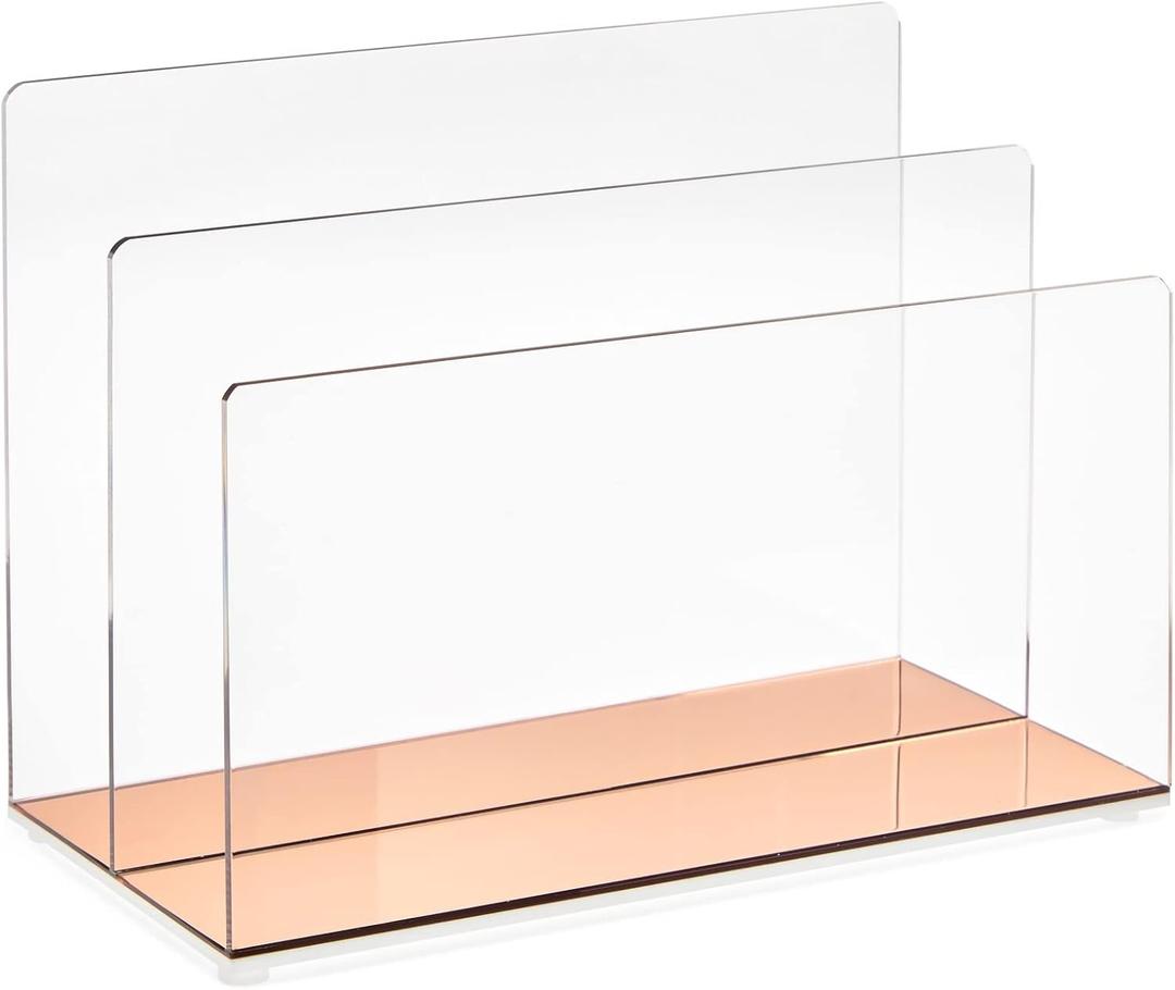 Okuna Outpost Clear Acrylic File Folder Organizer - Two-Section File Sorter - Rose Gold Mail Holder & Letter Sorter - Compact Paper Organizer for Home & Office - 9 x 5 x 7 in