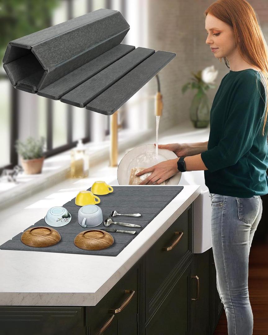 Large Stone Dish Drying Mat for Kitchen Counter, 24x16 Inches Foldable Food Grade Super Absorbent Diatomaceous Earth Mats with Self-drying for Dishes Sink Bathtub, Dark Gray (Dark-Grey-10Slats)