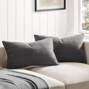 ZeeMart 100% Cotton Waffle Textured Lumbar Throw Pillow Covers Set of 2, 12x20 Inch Charcoal, Soft Farmhouse Decorative Couch Pillow Cases Dark Grey Cushion Covers for Sofa Bed Living Room Home Decor
