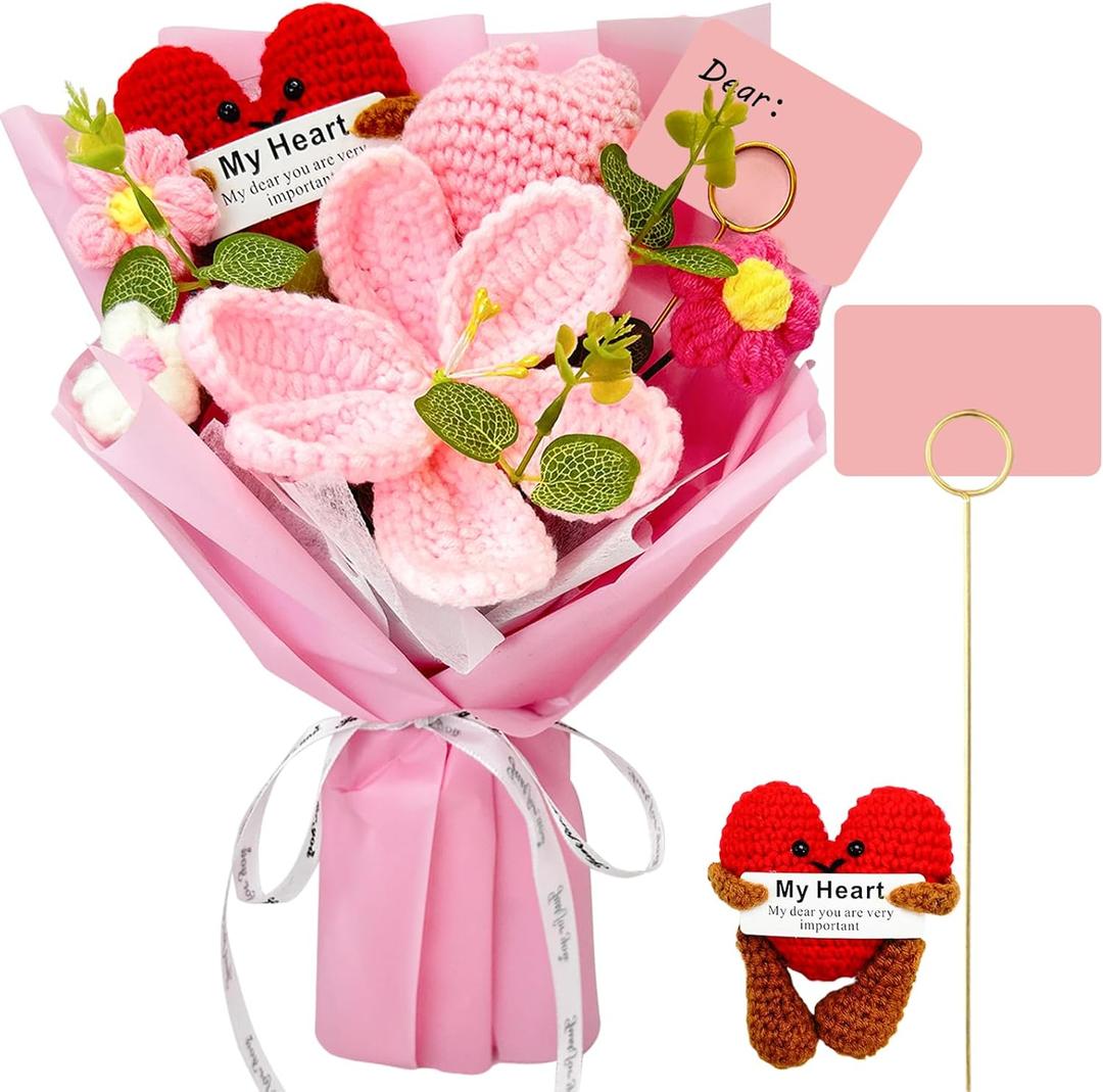 Crochet Flower Bouquet with Floral Card Holder & Crochet Heart, Pink Crochet Tulips Bouquet for Anniversary, Valentine's Day, Preserved Bouquet Gift for Women Mom Grandma