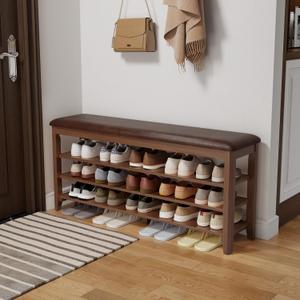 AQIMUELE Shoe Bench with Leather Cushion, 3 Tiers Shoe Storage Bench Height Adjustable, Walnut Wood Entryway Bench for Hallway, Mudroom (47.2")