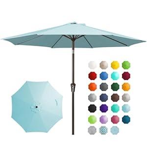 JEAREY 9FT Outdoor Patio Umbrella Outdoor Table Umbrella with Push Button Tilt and Crank, Market Umbrella 8 Sturdy Ribs UV Protection Waterproof for Garden, Deck, Backyard, Pool (Light Blue)