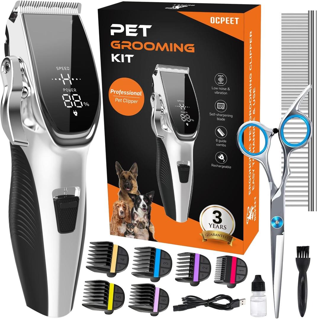 Dog Grooming Kit Low Noise, Cordless 4 in 1 Dog Clippers for Grooming Rechargeable Pet Cat Hair Trimmer with 2 Speed,6 Guards, Scissors, Comb for Small Medium Large Pets Dogs Cats Thick Hair Sliver (Whisper-quiet Light Sliver)