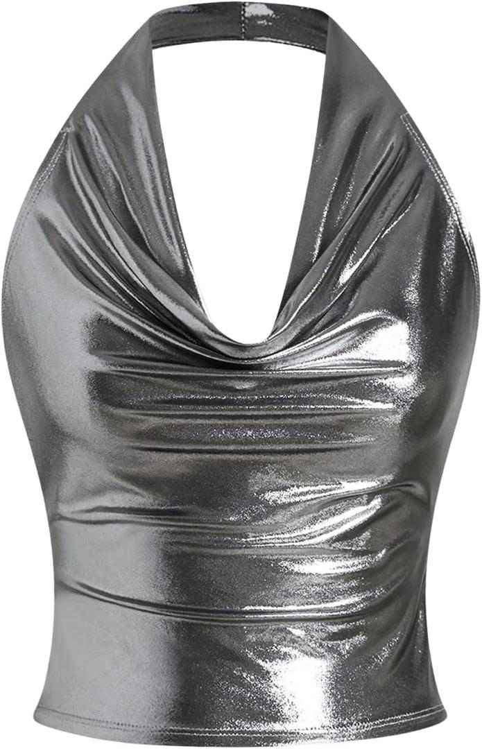 SOLY HUX Women's Halter Crop Tops Y2k Metallic Cowl Neck Open Back Concert Going Out Top Streetwear (Large)