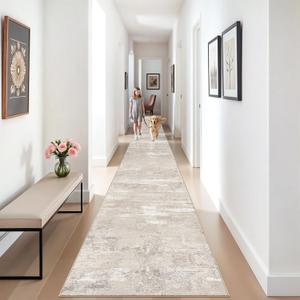 Washable Abstract 3x25 Runner Rug - Extra Long Hallway Runner Rug 25 ft Non Slip Stain Resistant Carpet for Entryway Living Room Stair Indoor Modern Home Decor Low Pile Mat 3x25 Beige