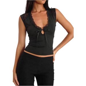 Milumia Women's Contrast Lace Knot Front Tank Top Sexy V Neck Sleeveless Tops (Black, S)