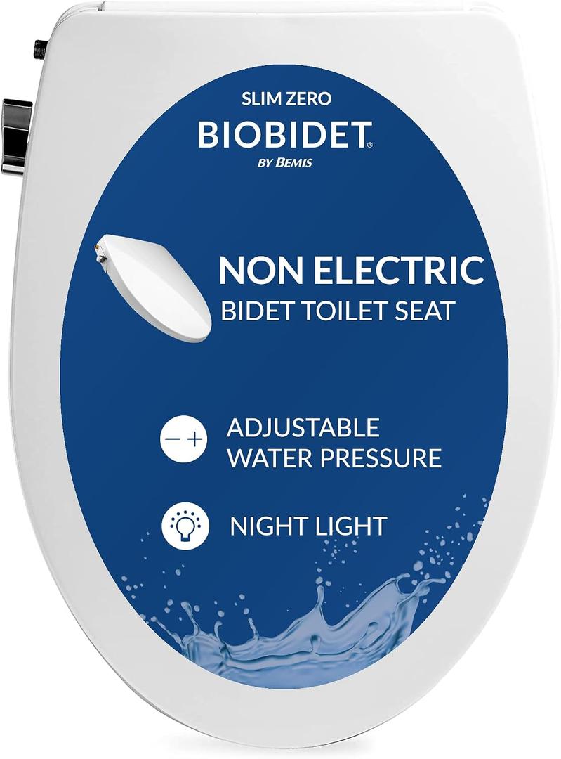 Bio Bidet Slim Zero Non Electric Bidet Toilet Seat Elongated, Low Profile Seat with Slow Close Lid, Battery Powered Night Light, Dual Nozzles, White