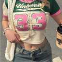 Women's Retro Jersey Shirts Number Graphic Short Sleeve Crop Tops Crewneck Tight T Shirt Streetwear (L)