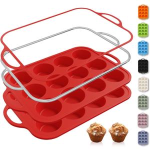 2 Packs 12 Cups Silicone Muffin Pan for Baking with Metal Reinforced Frame Regular Size Cupcake Pan Tray Egg Bites Silicone Cookie Molds Muffin Tin Tart Pans Sheet Set for Oven Dishwasher Safe (Red)