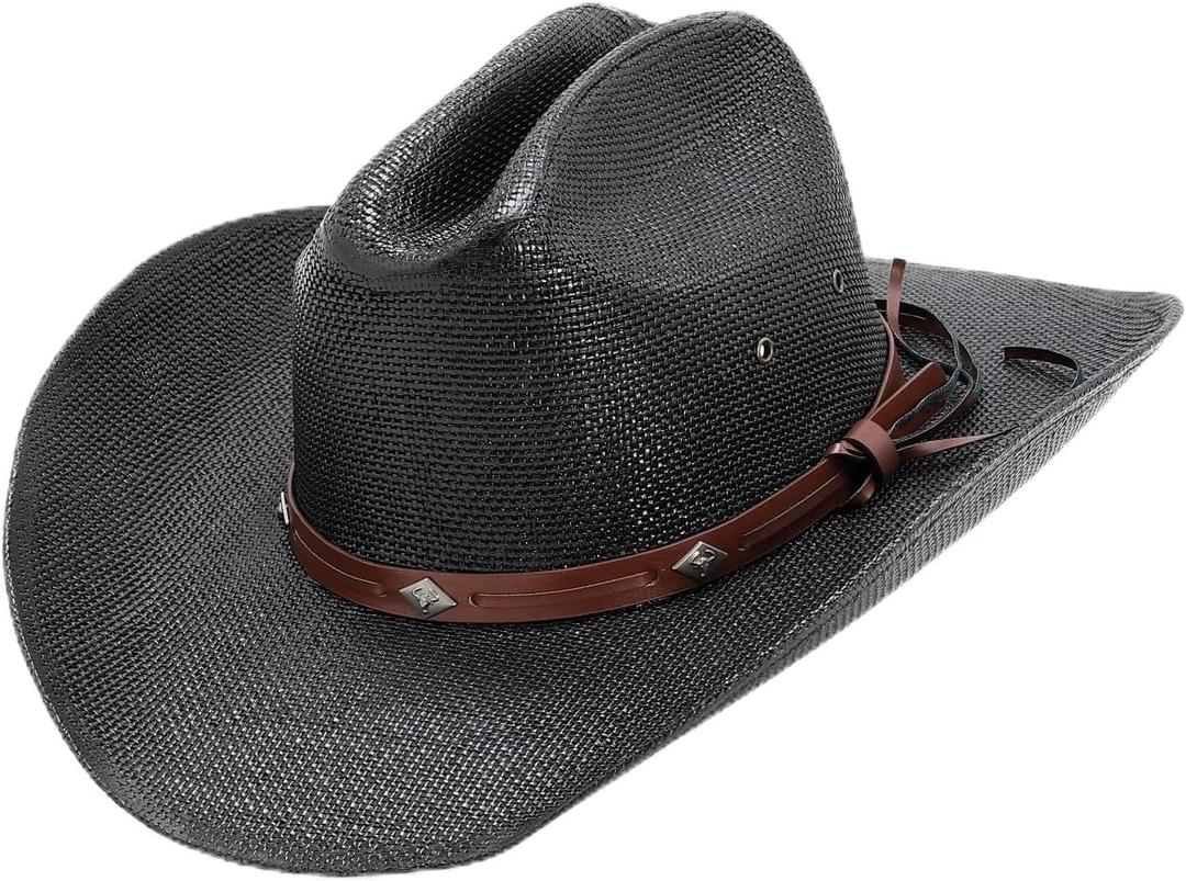 Straw Cowboy Hat for Men Women, 4.1 inches Shapeable Wide Brim with Cattleman Crease, Western Cowgirl Sun Hat for Outdoor (Black)