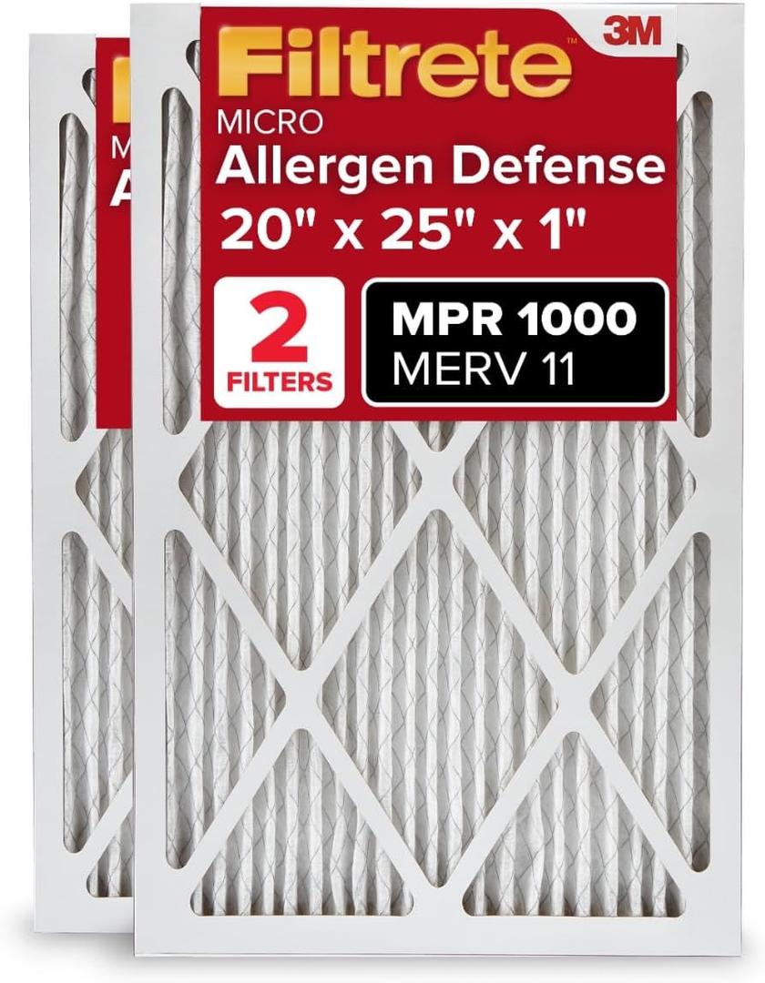 Filtrete 20x25x1 AC Furnace Air Filter, MERV 11, MPR 1000, Micro Allergen Defense, 3-Month Pleated 1-Inch Electrostatic Air Cleaning Filter, 2 Pack (Actual Size 19.688 x 24.688 x 0.84 In)