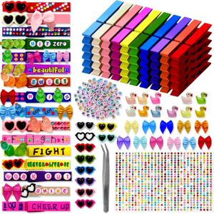 Fobbo Cheer Pins Spirit Clips Include 50 Wooden Colored Clothes Pins 100 Beads Resin Ducks Bows and 750 Self Adhesive Stickers Glasses Cheer Clothespins Decorations for Cheerleading Backpacks (Colorful1)