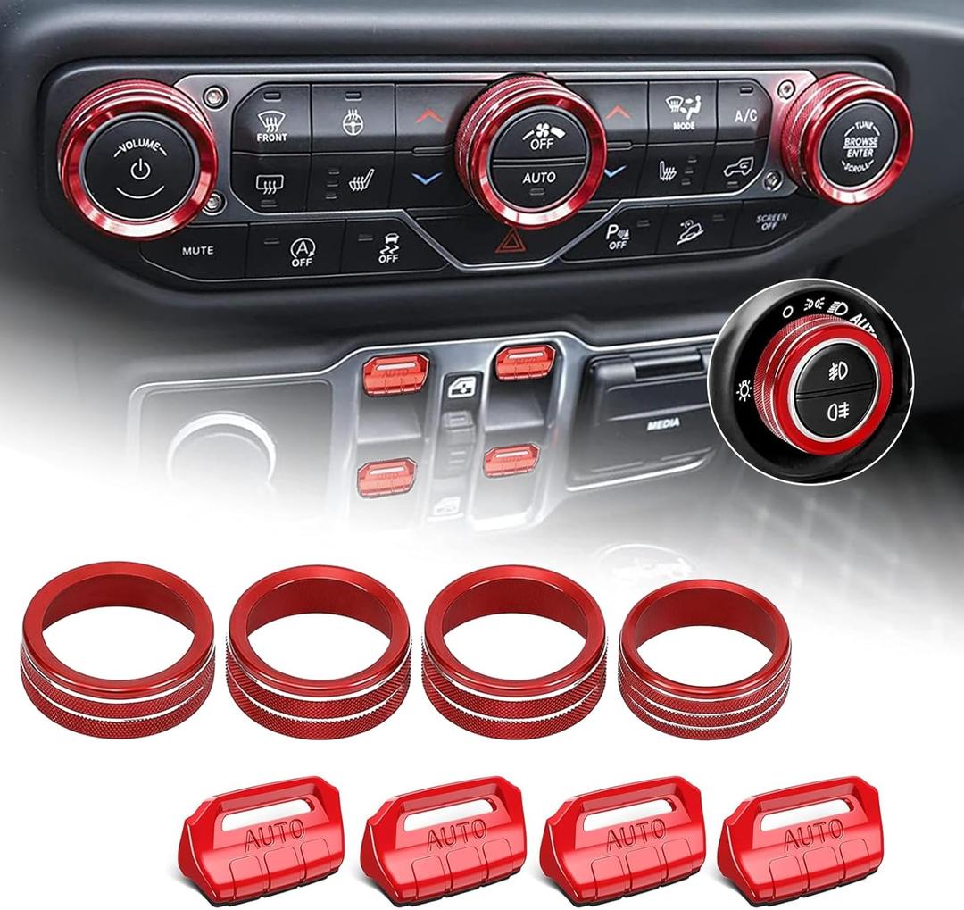 Red Metal Control Knob Covers, Compatible with Jeep Wrangler JL/JLU 2018-2025 & Gladiator JT Accessories  Window/AC/Radio Button Protectors(8PCS, RED)
