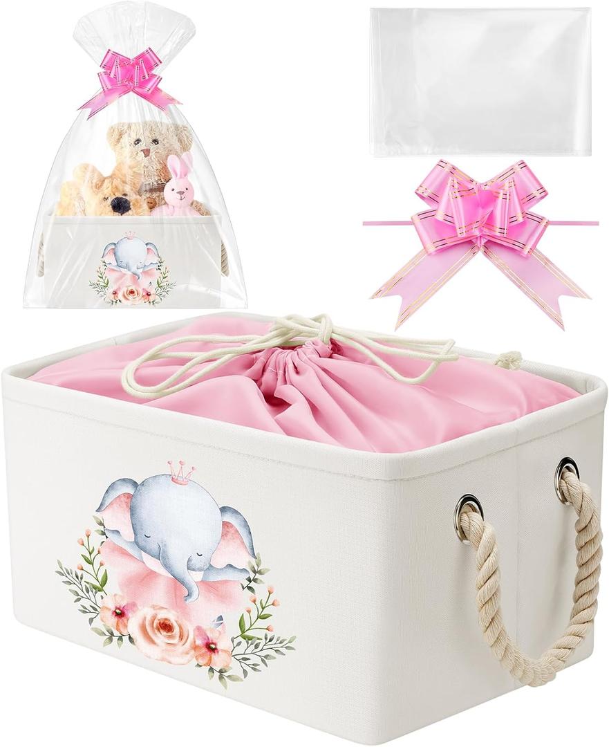 Pickmesh Baby Shower Storage Basket with Gift Bags Rectangular Ribbons Collapsible Canvas Storage Bin with Handles for Diaper Organizing Toy Home DIY Gift Basket, 13 x 9. 1 x 7. 1 Inch (Pink Elephant)