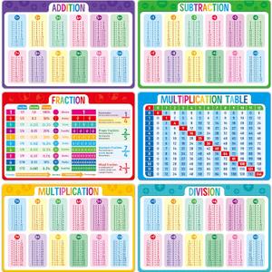 6 Pack Placemats for Kids, Non-Slip Washable Table Mat, Reusable Subtraction, Multiplication, Fraction, Addition, Division Placemats for Home, Kindergarten, Classroom, Nursery