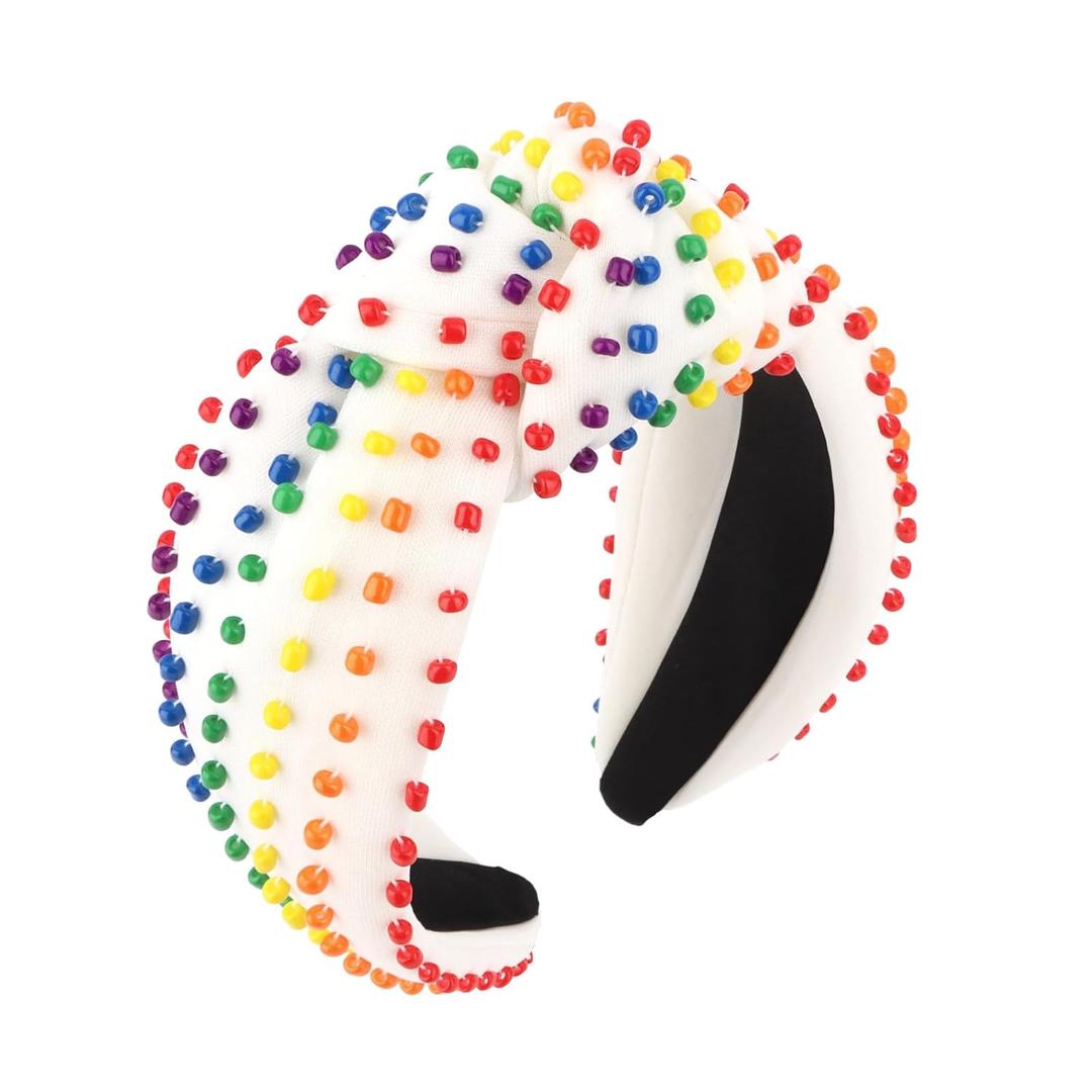 YISSION Rainbow Beaded Knotted Wide Headband for Adults - Colorful Pride Festival Hair Accessory for Parties, Celebrations & Daily Wear