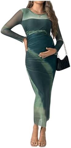 MakeMeChic Women's Fall Maternity Dress Long Sleeve Tie Dye Mesh Ruched Bodycon Maxi Cocktail Dress, Size M