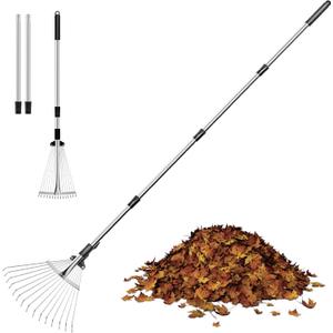 Garden Rake for Leaves, Heavy Duty Metal Adjustable Leaf Rake for Lawns, Length 37"-68", Adjustable Expandable Head 8"-15", Garden Tools for Lawn Garden Yard Flowers Beds Bush