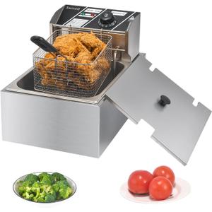 Commercial Deep Fryer with Baskets, 1700W 9.7QT/9.1L Thickened Stainless Steel Countertop Electric Oil Fryer, Large Capacity with Temperature Control (6L)
