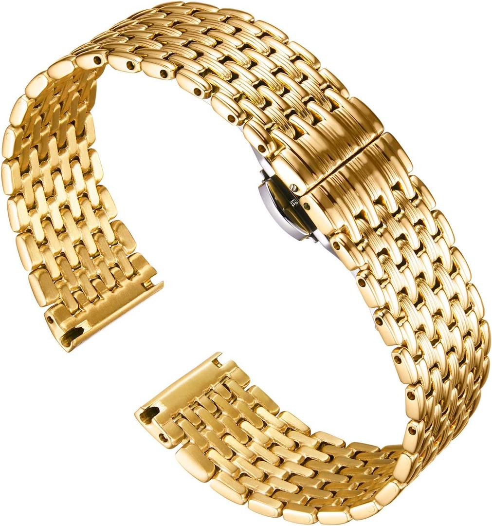 BINLUN Ultra Thin Mesh Stainless Steel Watch Band Light Watch Strap Polished Watch Bracelets Replacement 12mm/14mm/16mm/18mm/20mm/22mm for Men Women with Butterfly Buckle (Gold)