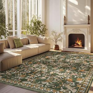 jinchan Eden 8x10 Floral Area Rug Vintage Washable Throw Rug Soft Non-Slip Low Pile Distressed Large Orange Green Carpet for Living Room Bedroom Dining Room Office Nursery