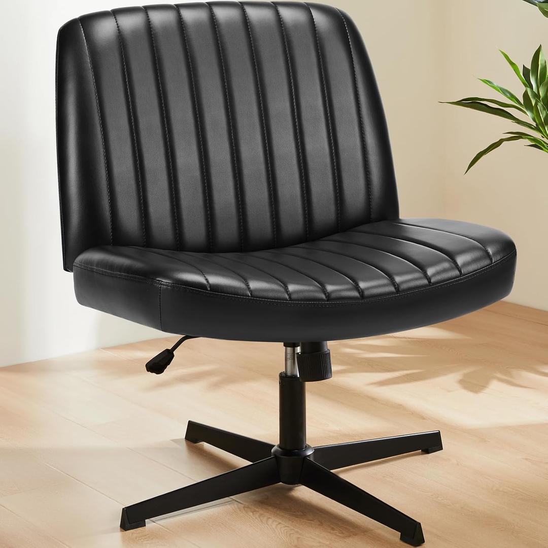 Sweetcrispy Criss Cross Chair Legged, Armless Office Wide Desk Chair No Wheels, PU Leather Swivel Vanity Height Adjustable Fabric Modern Computer Task Seating for Home - Black