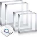 Vicenpal 4 Pieces Acrylic Square Display Block 3 x 3 x 1 Inches, 4 x 4 x 1 Inches Clear Polished Acrylic Cube Acrylic Jewelry Display Stand Ring Showcase Display Holder Base