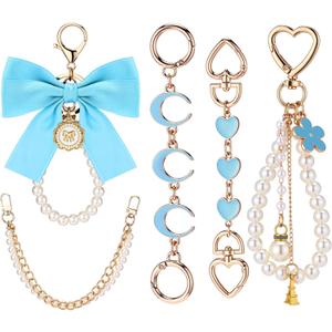 Sureio 5 Pcs Bag Extender Chain Pearl Purse Chain Ribbon Bow Keychain Extender Bag Strap Purse Charms Accessories for Handbag