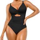 SHAPELLX Tummy Control Swimsuits Women V Neck One Piece Bathing Suit Ruched Push Up Slimming Swimwear Built-in Bra, L
