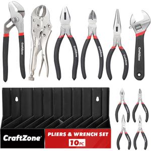 10PC Pliers and Wrench Set with Storage Rack Includes Locking | Long Nose | Diagonal Cutter | Groove Joint | Linesman & Mini Plier, Carbon Steel Tool Kit for DIY and Home a Gift for Man