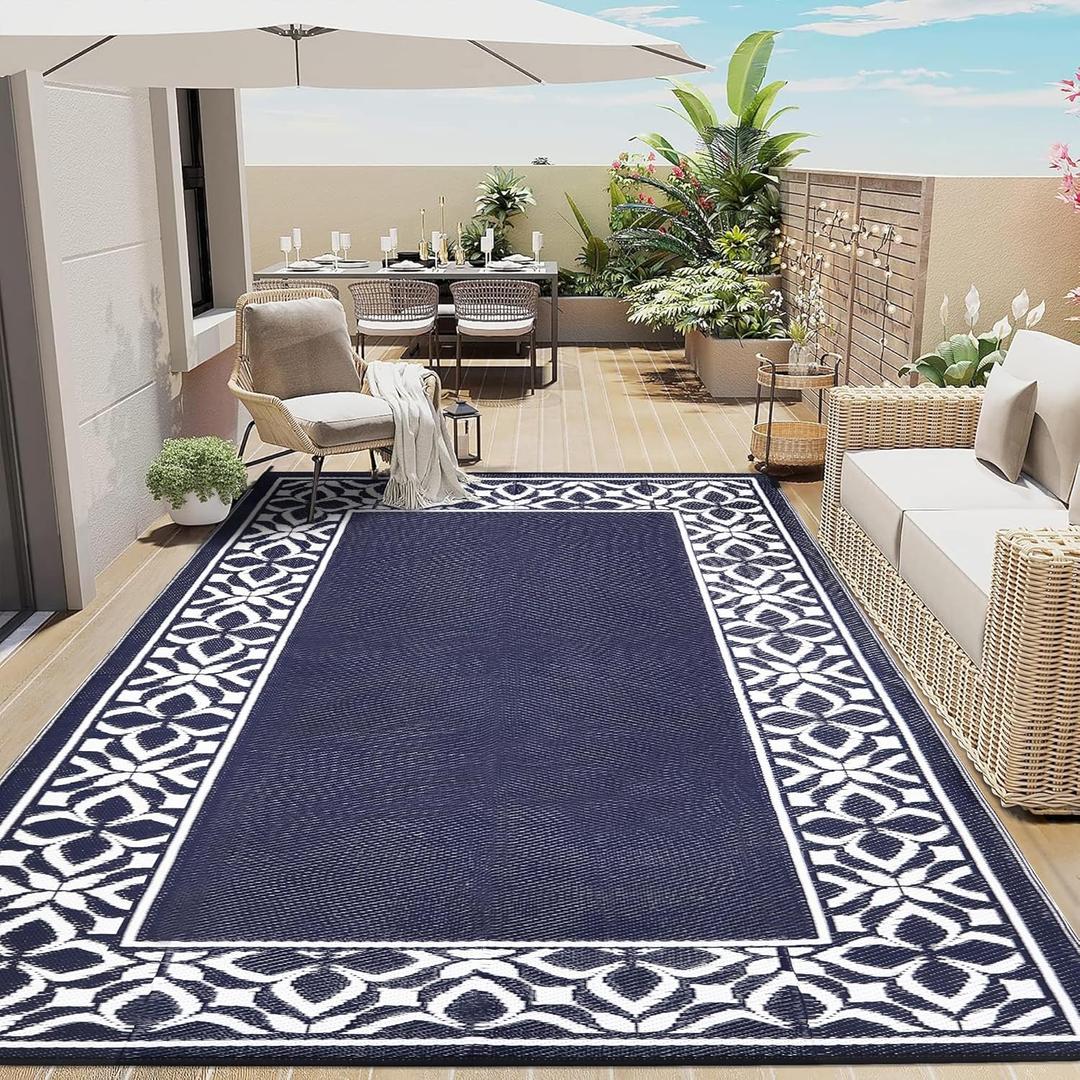 Outdoor Plastic Straw Rug Navy Blue Large Outside Waterproof Outdoor Patio 8x10 Carpet Geometric Reversible Mat Modern for Camping RV Porch Deck Balcony Beach 