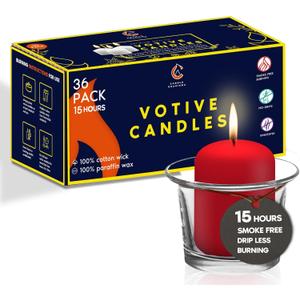 Candle Charisma Red Unscented Votive Candles - 15 Hour Burn time - Set of 36 for Dinner, Wedding, Halloween and Holiday Decorations