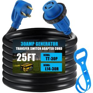 Tellegloww 25 ft TT-30P to L14-30R Generator Transfer Switch Adapter Cord, 30 Amp TT-30P Male to L14-30R Female with Locking Ring Generator to House Inlet Box Adapter, STW 10 AWG, ETL Listed