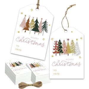 50Pcs Christmas Gift Tags with Hemp Rope Christmas Paper Gift Tags Holiday Hang Name Tags Label Watercolor Plants Wishes Labels Xmas Gift Favor Tags for Xmas Party Decor (50, Rectangular)