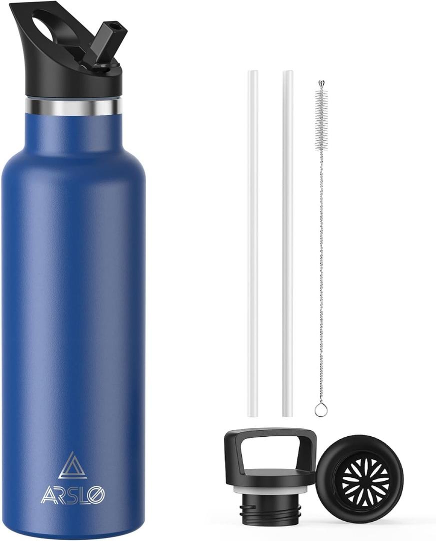 Stainless Steel Double Wall Water Bottles, Vacuum Insulated Bottle With Straw Lid, Insulated Water Bottle Keeps Water Cold for 24 Hours, Hot for 12 Hours, Hiking, Sports (20 Ounces, Blue)