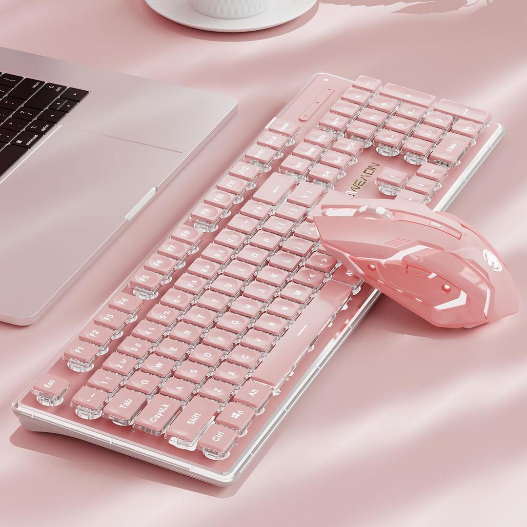EWEADN V3 Wireless Keyboard and Mouse with Single Backlit, Metal Panel, Bluetooth/2.4G Rechargeable Computer Keyboard and Mouse Combo Silent Lighted Full Size Cute Keyboards-Pink