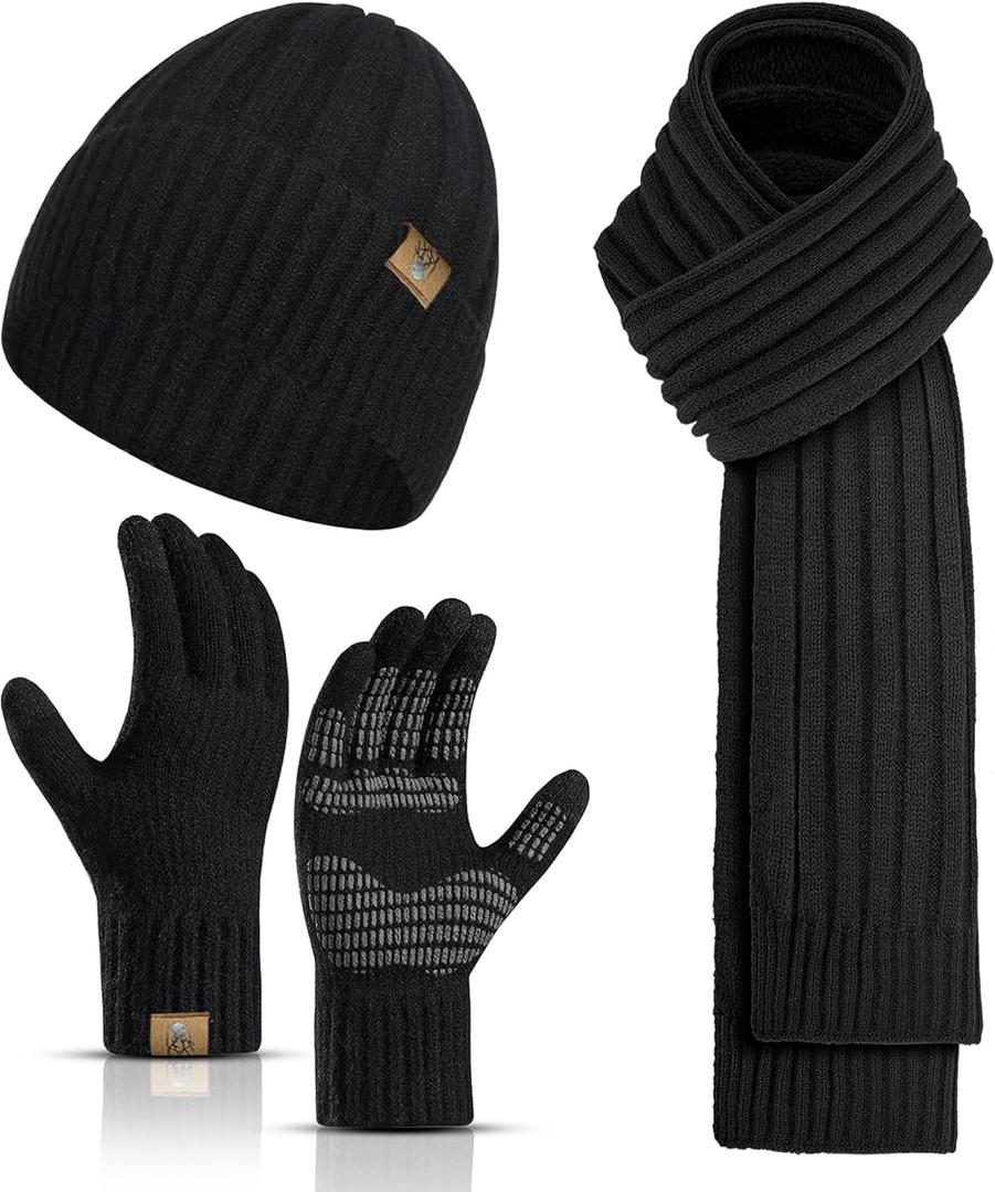 Winter Scarf for Men with Beanie Hat and Touchscreen Gloves Set Warm Cap Fleece Men's Scaves Nonslip Gloves Set for Men Women (Black)