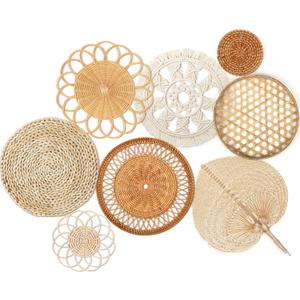 Tatuo 8 Sets Boho Wall Basket Decor Woven Rattan Flat Baskets Round Handmade Wicker Bamboo Hanging Rustic Elegant Tassels Wall Art for Farmhouse Bedrooms Living Rooms Table Kitchen Decorations