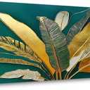 Green Leaf Wall Art, Green and Gold Leaves Wall Painting, Emerald Green Tropical Botanical Décor Canvas Prints, Abstract Sage Boho Painting for Office Home Décor, Ready to Hang 46L" x 23W"