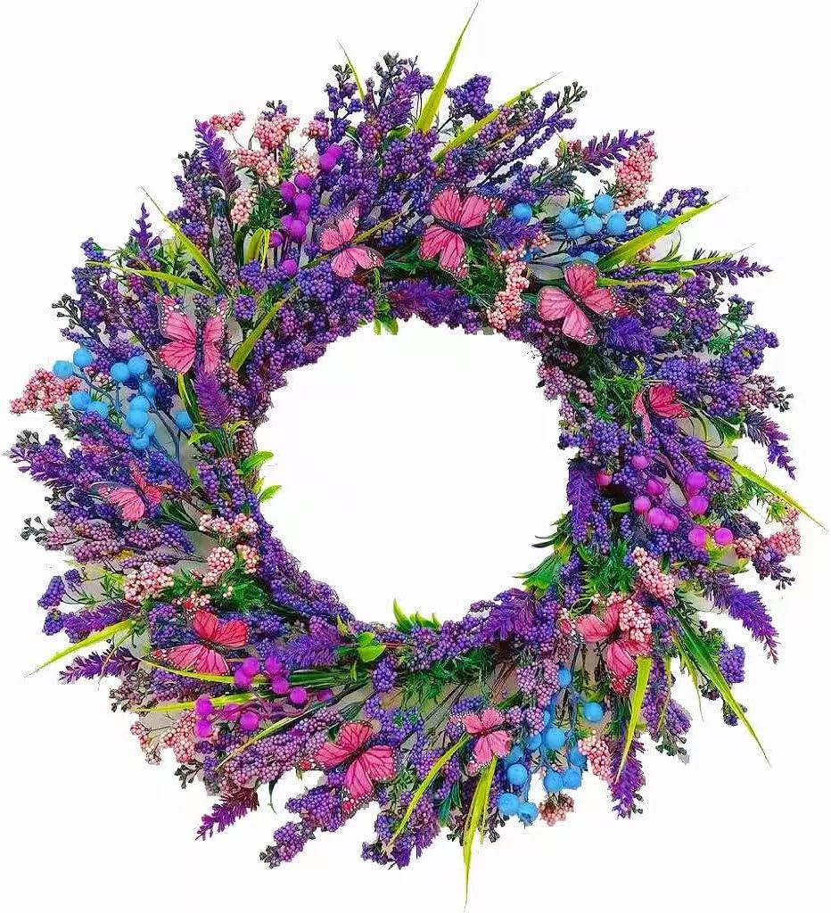 24" All Season Lavender Front Door Wreath with Butterflies & Berries