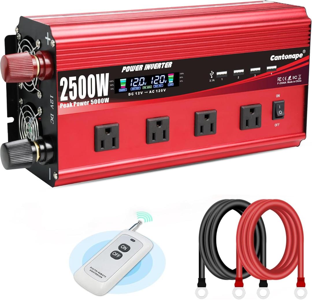 Cantonape 2500W Power Inverter 12V to 110V/120V DC to AC with LCD Display, Remote Controller 4 x AC Outlets and 4 x 3.1A USB Car Adapter for Car Truck Boat RV Solar System