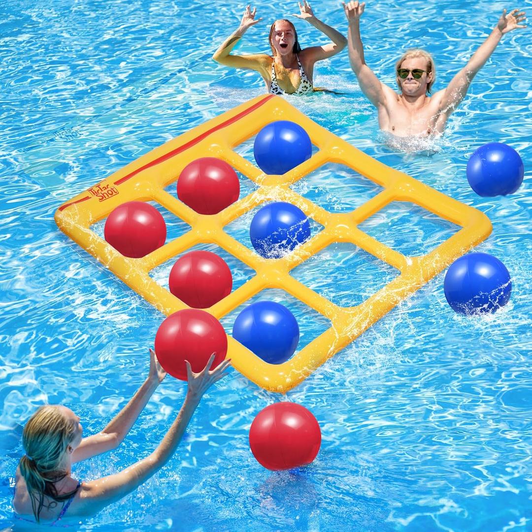 TicTac Shot Pool Toys Games Set- Tic-Tac-Toe Inflatable Pool Toy with 10 Balls - for Adults Teens Kids 2-10 Players (Yellow)