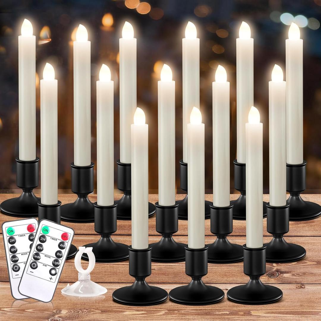 Verdenu 14 Pack Christmas Window Candles with Metal Holders, Battery Operated Window Candles with Timer Remote, LED Candle with Suction Cups for Christmas Decorations, Black