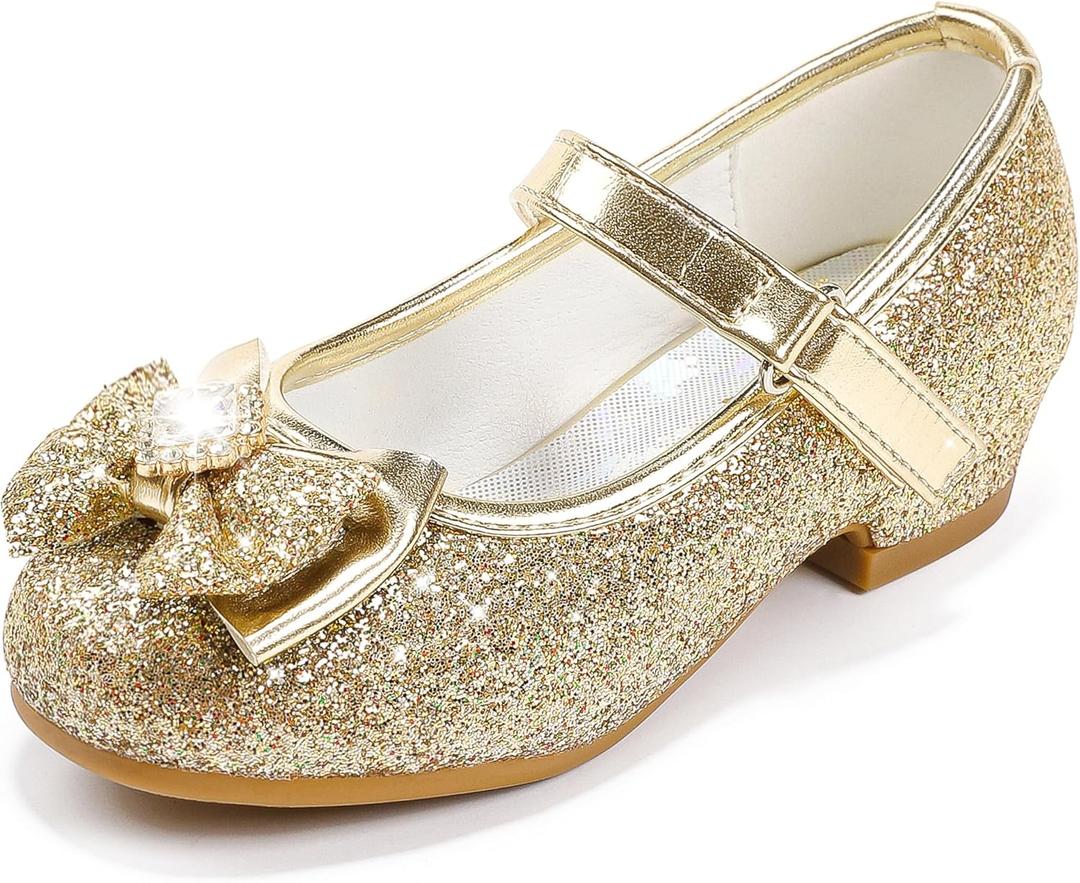 Furdeour Girls Dress Shoes Mary Jane Wedding Flower Bridesmaids Heels Glitter Princess Shoes for Kids Toddler, Size 2