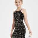 EXARUS Girls Sequin Spaghetti Strap Bodycon Dress Teen Sparkle Pencil Party Mini Special Occasion Birthday Velvet Dress (Black, 8Y)