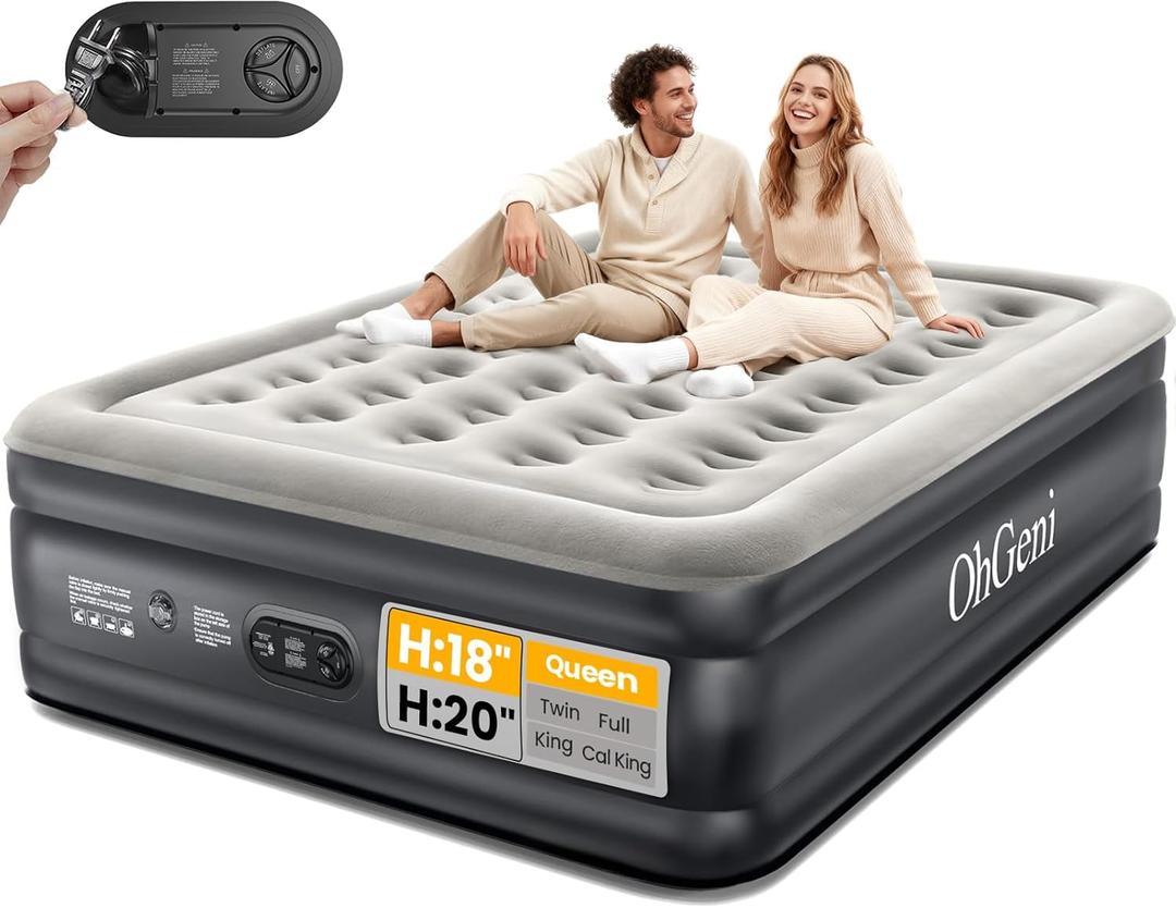 OhGeni Queen Air Mattress with Built in Pump, Inflatable Mattress Blow Up Mattress 18 Raised Comfort,Upgraded Surface Portable Bed, Air Bed for Home, Guest, Camping, Colchone Inflable, 650 lbs (Standard Height 18'' Black)