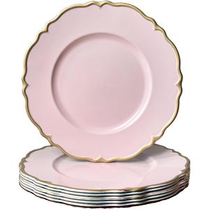 Pink scalloped charger plates with Gold rim, 13" Round Chargers for Dinner Plates, Set of 6 Plastic Plate Chargers for Weddings, Parties, Tabletop Decor.
