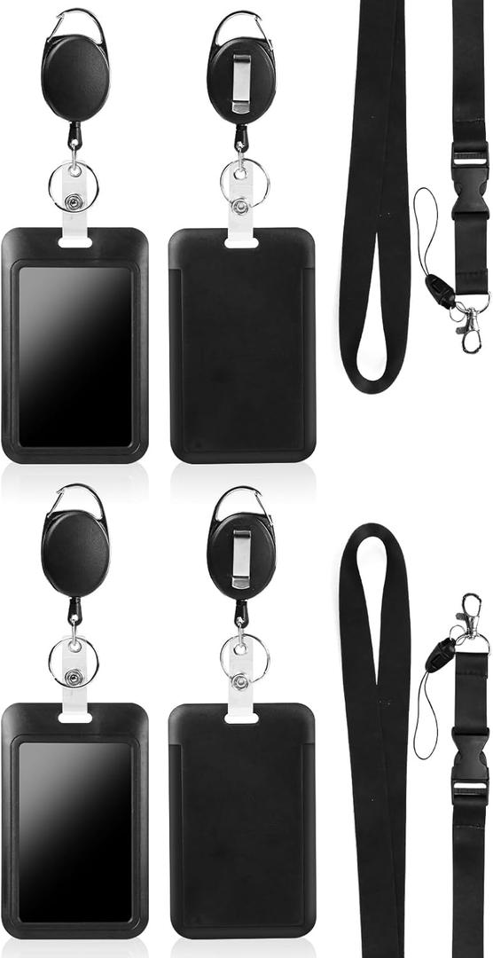 Black 4Pack Vertical ID Badge Holders with 2PCS Lanyards, 4PCS Heavy Duty Oval Badge Reels,Detachable Keychain, for Nurse Officer Teacher Security Staff Women Men
